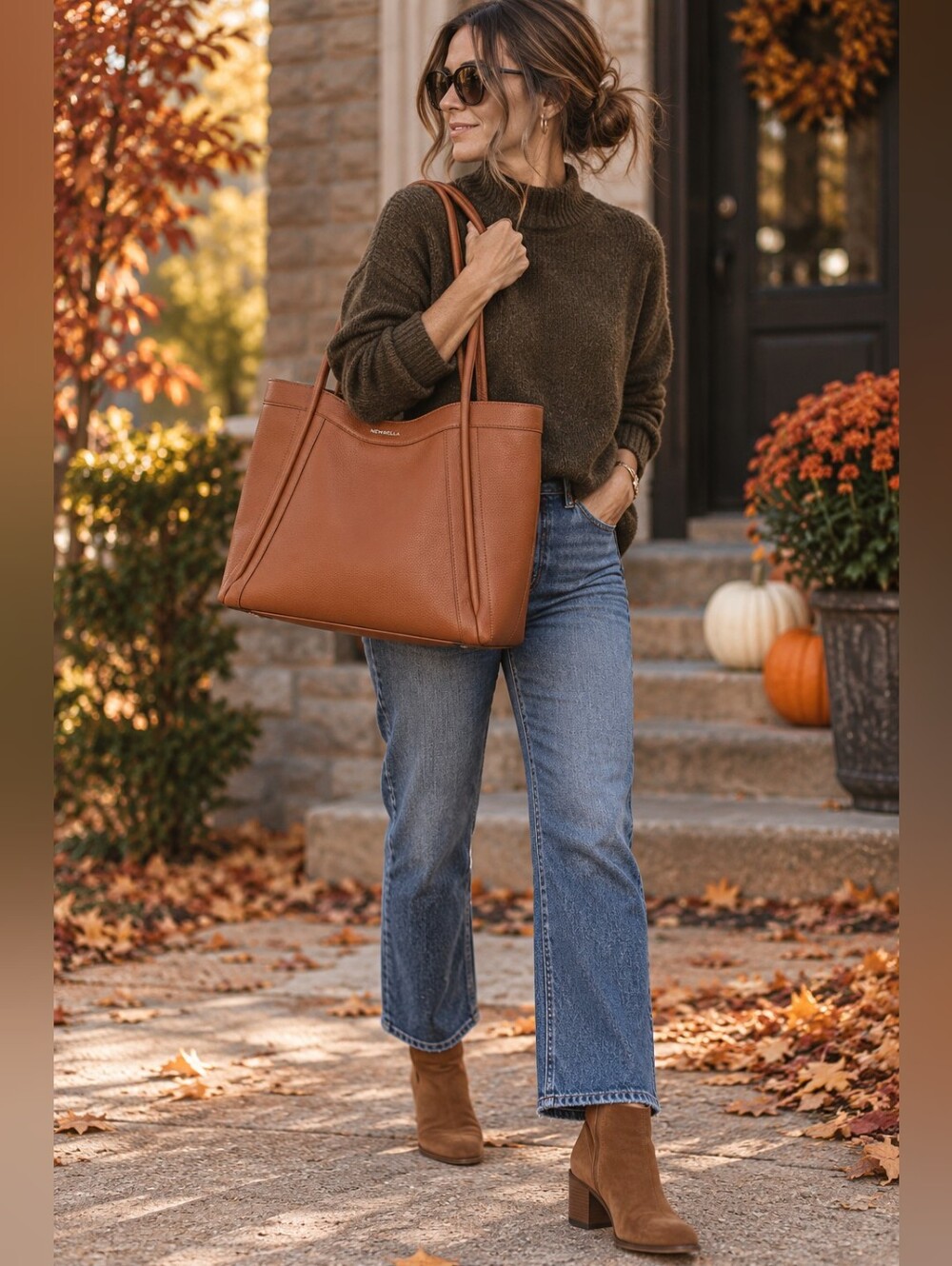 NEWBELLA Large Vegan Leather Tote Bag Brown Structured Shoulder Bag